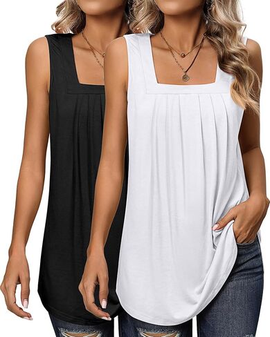 Huukeay قطعتان من قمصان بدون أكمام للسيدات، بلوزة فضفاضة ذات ثنيات ورقبة مربعة مع حاشية منحنية in Kuwait
