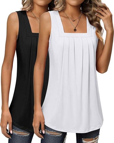 Huukeay قطعتان من قمصان بدون أكمام للسيدات، بلوزة فضفاضة ذات ثنيات ورقبة مربعة مع حاشية منحنية in Kuwait