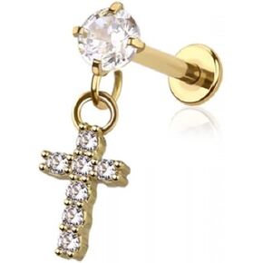 Pierced Owl 16GA 316L Stainless Steel Internally Threaded CZ Crystal with Dangling Cross Flat Back Labret Stud