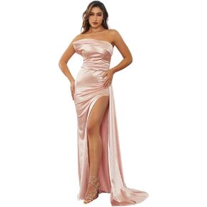 فستان Lin Lin نسائي رسمي بدون أكتاف من الساتان للحفلات الراقصة، فستان طويل بدون أكمام ومنسدل in Kuwait