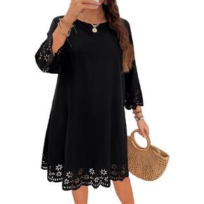 SOLY HUX Women's Plus Size Cut Out Scalloped Trim Tunic Dress 3/4 Sleeve Summer Short Dress