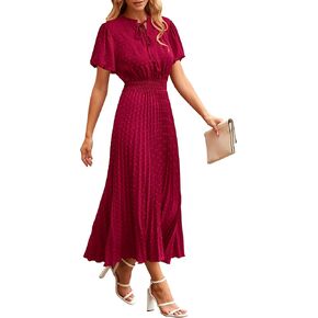 PRETTYGARDEN Womens Summer Midi Dresses Puff Short Sleeve V Neck Swiss Dot Pleated A Line Flowy Long Wedding Guest Dress in Kuwait