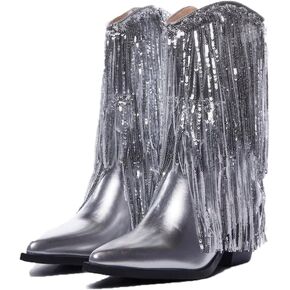 أحذية MeiLuSi النسائية ذات شراشيب معدنية لرعاة البقر، أحذية راعية البقر معدنية لمنتصف الساق بمقدمة مدببة وكعب مكتنز وكعب لامع in Kuwait