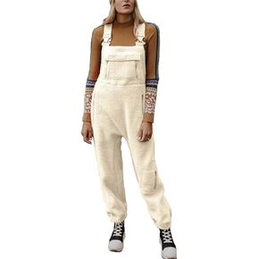 chouyatou Women's Fuzzy Fleece Overall Adjustable Strap Warm Winter Bib Overalls Casual Jumpsuits