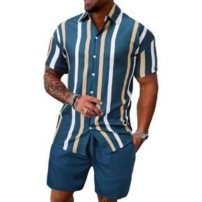COZYEASE Men's 2 Piece Striped Outfit Short Sleeve Button Down Shirt Drawstring Waist Shorts Set
