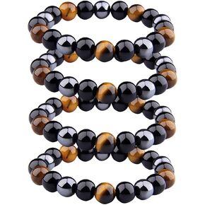 COLORFUL BLING 2/4 Pcs Triple Protection Bracelet Natural Bring Luck and Prosperity Obsidian Bracelet Black Obsidian - Hematite - Tiger Eye - Stone Bracelets