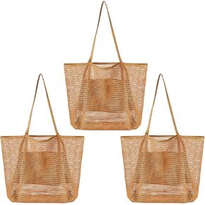 3 Pcs Mesh Beach Tote Bag Women with Pocket Foldable Beach Bag Tote Shoulder Handbag Khaki Mesh Tote Bag for Picnic Vacation Pool Trip, 15.55 x 13.78 x 6.69 Inch in Kuwait