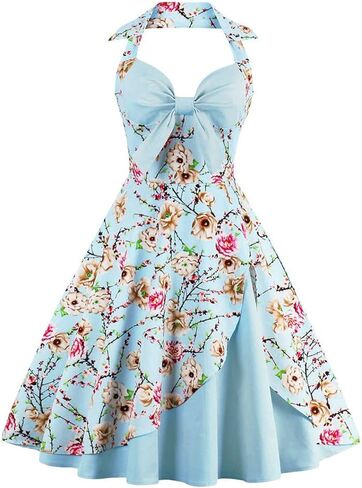 Women's Vintage 1950s Retro Rockabilly Cocktail Evening Party Swing Dress Halter Floral Bowknot Audrey Hupburn Dresses in Saudi Arabia