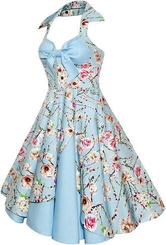Women's Vintage 1950s Retro Rockabilly Cocktail Evening Party Swing Dress Halter Floral Bowknot Audrey Hupburn Dresses in Saudi Arabia