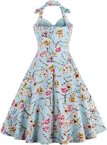 Women's Vintage 1950s Retro Rockabilly Cocktail Evening Party Swing Dress Halter Floral Bowknot Audrey Hupburn Dresses in Saudi Arabia