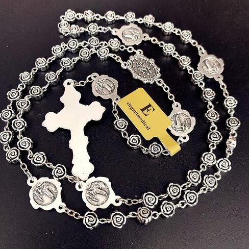 elegantmedical HANDMADE vintage silver rose beads Catholic Rosary Necklace Cross Gift Box Italy crucifix in Saudi Arabia