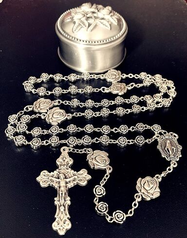 elegantmedical HANDMADE vintage silver rose beads Catholic Rosary Necklace Cross Gift Box Italy crucifix in Saudi Arabia