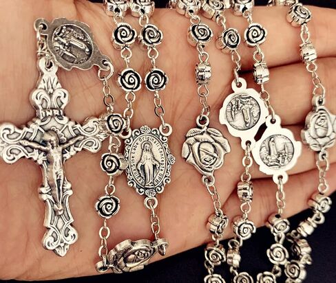 elegantmedical HANDMADE vintage silver rose beads Catholic Rosary Necklace Cross Gift Box Italy crucifix in Saudi Arabia