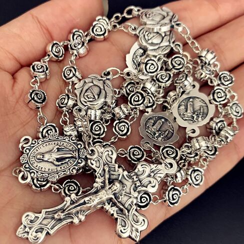elegantmedical HANDMADE vintage silver rose beads Catholic Rosary Necklace Cross Gift Box Italy crucifix in Saudi Arabia
