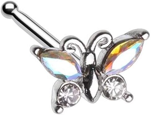 Pierced Owl 20GA Stainless Steel Iridescent Aurora Borealis Crystal Butterfly Nose Bone Stud, Metal, cubic zirconia in Saudi Arabia