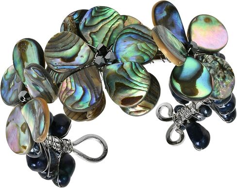 سوار جلدي مزين باللؤلؤ الأسود من AeraVida Abalone ومرصع بالأحجار العذبة السوداء in Saudi Arabia