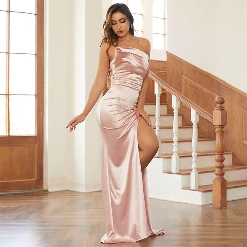 فستان Lin Lin نسائي رسمي بدون أكتاف من الساتان للحفلات الراقصة، فستان طويل بدون أكمام ومنسدل in Kuwait