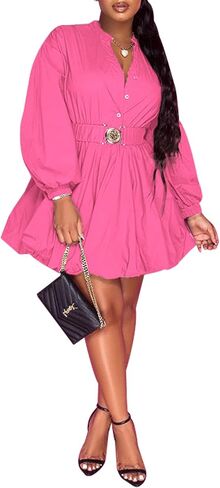 فستان قميص نسائي بأزرار سفلية من Uni Clau بأكمام طويلة على شكل حرف A كاجوال منتفخ قصير مع حزام in Saudi Arabia