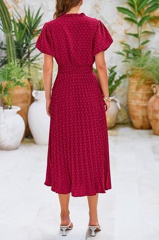 PRETTYGARDEN Womens Summer Midi Dresses Puff Short Sleeve V Neck Swiss Dot Pleated A Line Flowy Long Wedding Guest Dress in Kuwait