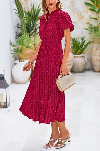 PRETTYGARDEN Womens Summer Midi Dresses Puff Short Sleeve V Neck Swiss Dot Pleated A Line Flowy Long Wedding Guest Dress in Kuwait