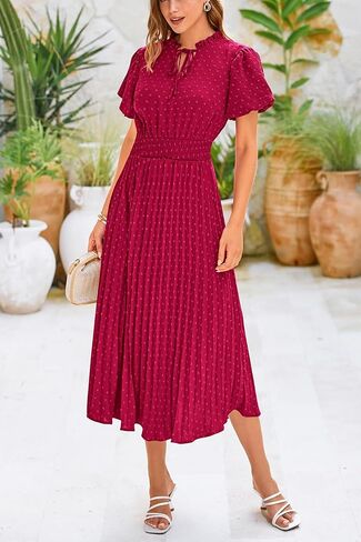 PRETTYGARDEN Womens Summer Midi Dresses Puff Short Sleeve V Neck Swiss Dot Pleated A Line Flowy Long Wedding Guest Dress in Kuwait