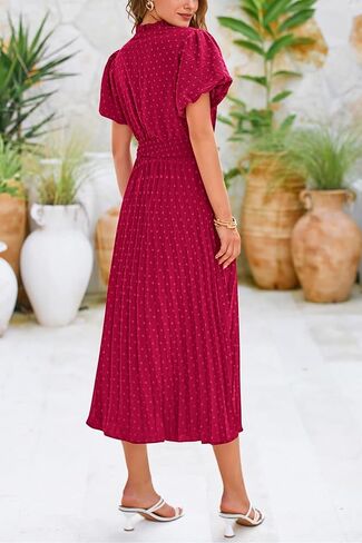 PRETTYGARDEN Womens Summer Midi Dresses Puff Short Sleeve V Neck Swiss Dot Pleated A Line Flowy Long Wedding Guest Dress in Kuwait