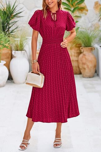 PRETTYGARDEN Womens Summer Midi Dresses Puff Short Sleeve V Neck Swiss Dot Pleated A Line Flowy Long Wedding Guest Dress in Kuwait