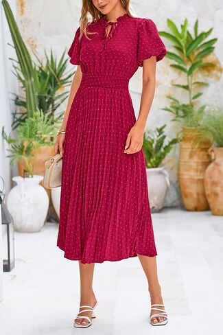 PRETTYGARDEN Womens Summer Midi Dresses Puff Short Sleeve V Neck Swiss Dot Pleated A Line Flowy Long Wedding Guest Dress in Kuwait