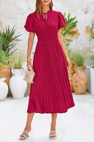 PRETTYGARDEN Womens Summer Midi Dresses Puff Short Sleeve V Neck Swiss Dot Pleated A Line Flowy Long Wedding Guest Dress in Kuwait
