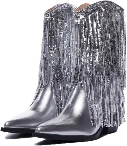 أحذية MeiLuSi النسائية ذات شراشيب معدنية لرعاة البقر، أحذية راعية البقر معدنية لمنتصف الساق بمقدمة مدببة وكعب مكتنز وكعب لامع in Kuwait