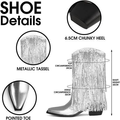 أحذية MeiLuSi النسائية ذات شراشيب معدنية لرعاة البقر، أحذية راعية البقر معدنية لمنتصف الساق بمقدمة مدببة وكعب مكتنز وكعب لامع in Kuwait