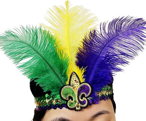 XKTEI 1920s Flapper Headpiece/عصابة رأس على الطراز الهندي الأمريكي الأصلي، غطاء رأس من الريش، زي ماردي غرا كرنفال للرأس in Kuwait