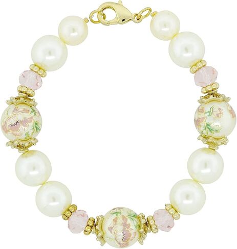 1928 Jewelry Women's Gold Tone Flower Decal Faux Pearl Pink Crystal Bracelet in Saudi Arabia