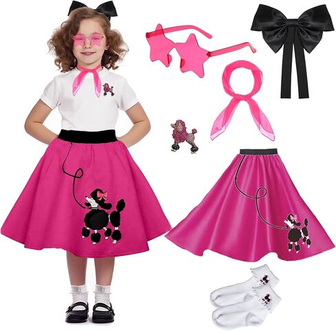 1950s Girls Poodle Skirt Dress up Kit, Bobby Sock,Chiffon Scarf, 50s Costume Outfit for Kids Toddler (Pink, 7-10 Yrs) in Saudi Arabia