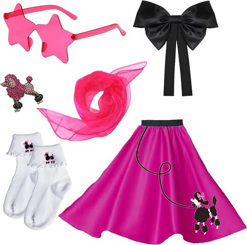 1950s Girls Poodle Skirt Dress up Kit, Bobby Sock,Chiffon Scarf, 50s Costume Outfit for Kids Toddler (Pink, 7-10 Yrs) in Saudi Arabia