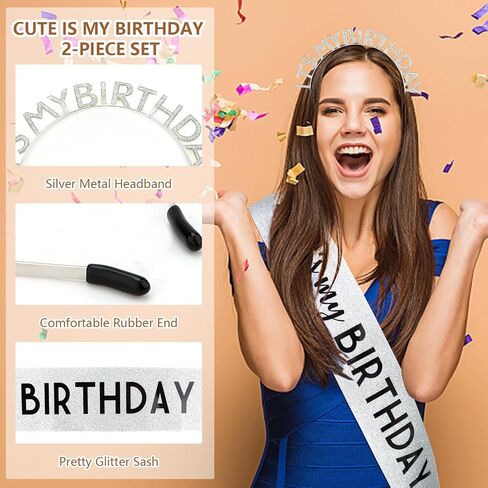 BAHABY Birthday Crowns for Women IT'S MY BIRTHDAY Sash & Birthday Headband Set Princess Birthday Sash and Tiara Birthday Gifts for Women Girls Sweet Happy Birthday Accessories for Party - Silver in Saudi Arabia
