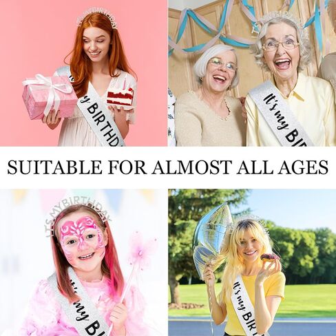 BAHABY Birthday Crowns for Women IT'S MY BIRTHDAY Sash & Birthday Headband Set Princess Birthday Sash and Tiara Birthday Gifts for Women Girls Sweet Happy Birthday Accessories for Party - Silver in Saudi Arabia