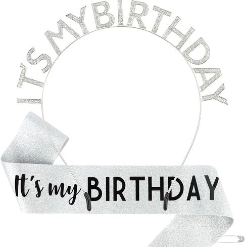 BAHABY Birthday Crowns for Women IT'S MY BIRTHDAY Sash & Birthday Headband Set Princess Birthday Sash and Tiara Birthday Gifts for Women Girls Sweet Happy Birthday Accessories for Party - Silver in Saudi Arabia