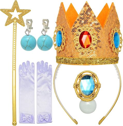 VRETEKI 5PCS Princess Peach Crown Accessories Kit, Princess Peach Crown Brooch Gloves Earrings Accessories for Girls Women, Dress Up Cosplay Christmas Dress Up Birthday Party Supplies in Saudi Arabia