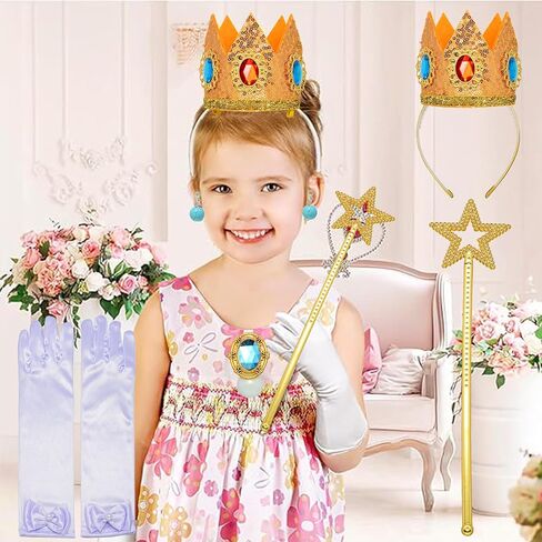 VRETEKI 5PCS Princess Peach Crown Accessories Kit, Princess Peach Crown Brooch Gloves Earrings Accessories for Girls Women, Dress Up Cosplay Christmas Dress Up Birthday Party Supplies in Saudi Arabia