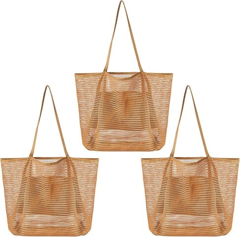 3 Pcs Mesh Beach Tote Bag Women with Pocket Foldable Beach Bag Tote Shoulder Handbag Khaki Mesh Tote Bag for Picnic Vacation Pool Trip, 15.55 x 13.78 x 6.69 Inch in Saudi Arabia