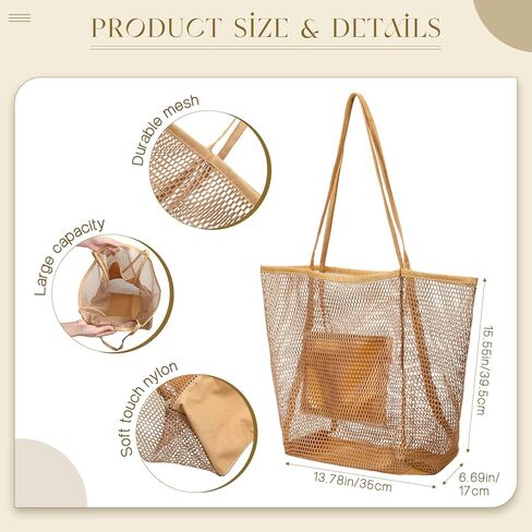3 Pcs Mesh Beach Tote Bag Women with Pocket Foldable Beach Bag Tote Shoulder Handbag Khaki Mesh Tote Bag for Picnic Vacation Pool Trip, 15.55 x 13.78 x 6.69 Inch in Saudi Arabia