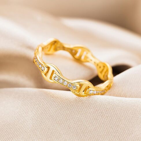 Aloha Jewelry Company 925 الفضة الاسترليني 18K مطلية بالذهب مكعب زركونيا البحرية مارينر مرساة سلسلة ربط خاتم الزفاف قابل للتكديس، خالية من النيكل لا تسبب الحساسية للبشرة الحساسة، مع صندوق هدايا in Kuwait