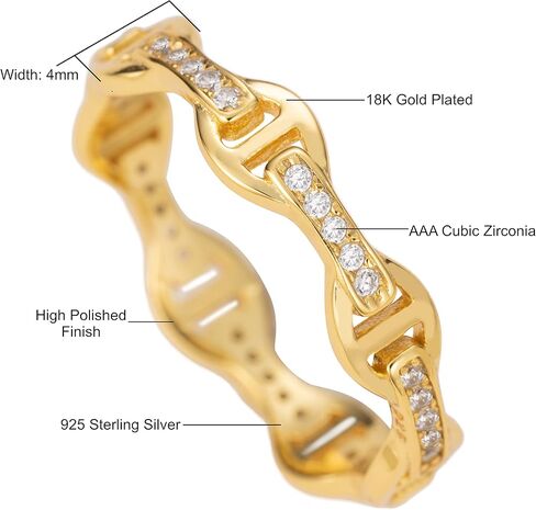 Aloha Jewelry Company 925 الفضة الاسترليني 18K مطلية بالذهب مكعب زركونيا البحرية مارينر مرساة سلسلة ربط خاتم الزفاف قابل للتكديس، خالية من النيكل لا تسبب الحساسية للبشرة الحساسة، مع صندوق هدايا in Kuwait