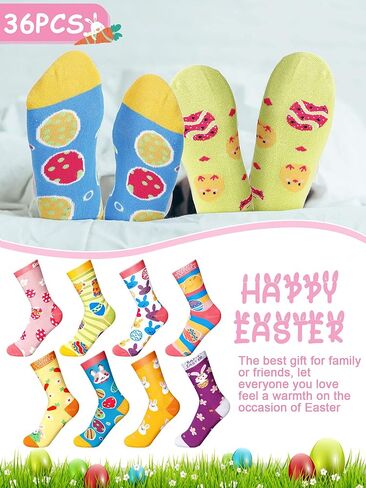 36 Pairs Easter Crew Socks Women Easter Day Cotton Socks Easter Mid Calf Length Hosiery Easter Gift Socks for Ladies Teens Girls, 12 Styles, Multicolor in Kuwait