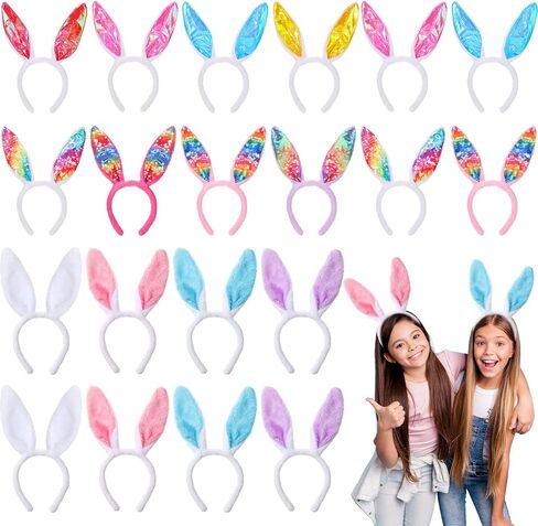 20 Pcs Easter Bunny Ears Plush and Sequin Bunny Ears Headband Colorful Bunny Headband Cute Ear Rabbit Hairband for Kids Adults Easter Party Decoration Easter Birthday Party Favors Costume Cosplay in Saudi Arabia