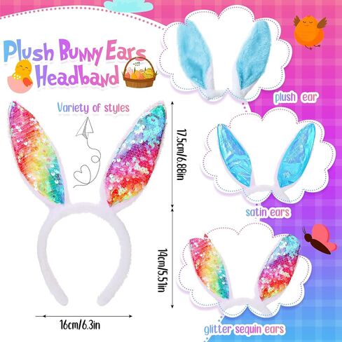 20 Pcs Easter Bunny Ears Plush and Sequin Bunny Ears Headband Colorful Bunny Headband Cute Ear Rabbit Hairband for Kids Adults Easter Party Decoration Easter Birthday Party Favors Costume Cosplay in Saudi Arabia