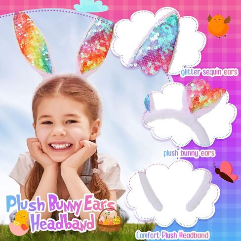 20 Pcs Easter Bunny Ears Plush and Sequin Bunny Ears Headband Colorful Bunny Headband Cute Ear Rabbit Hairband for Kids Adults Easter Party Decoration Easter Birthday Party Favors Costume Cosplay in Saudi Arabia