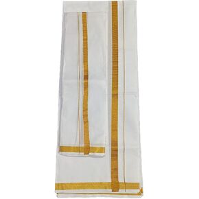 Kolakeer™ Men's Cotton 8x4 Zari Dhoti Angavastram Set - 3.6 Mtrs Veshti Mundu and 1.8 Mtrs Angavastram with Gold Zari Border in Kuwait