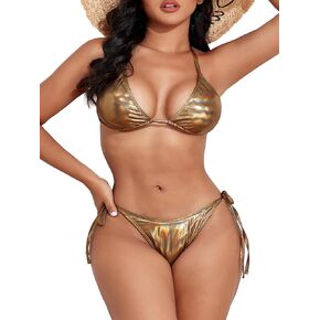 ZAFUL Women's Metallic Bikini Set Halter Triangle String 2 Piece Shiny Bathing Suit Tie Side Swimsuit
